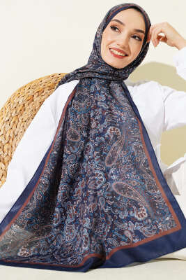 Antik Motifli Soft Şal Lacivert Kahve - Başörtüsü