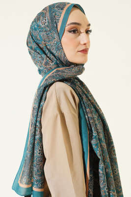 Antik Motifli Soft Şal Petrol Yeşili - Başörtüsü