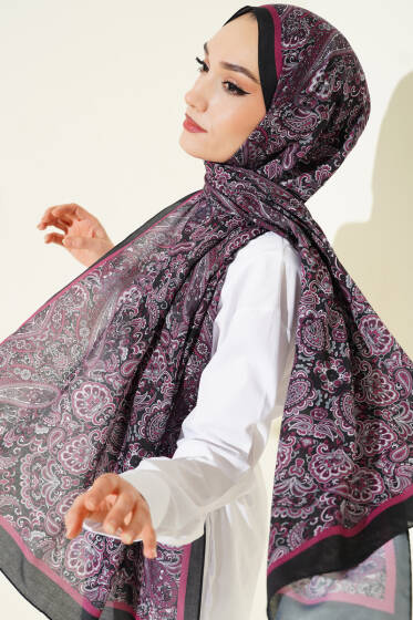 Antik Motifli Soft Şal Siyah Mor - Başörtüsü