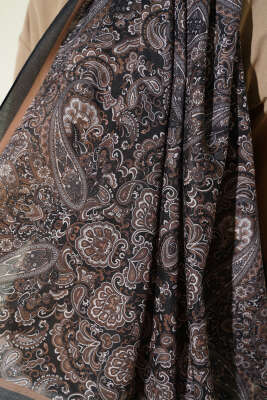 Antik Motifli Soft Şal Siyah Vizon - Başörtüsü