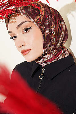 Antik Paisley Desen Eşarp Bordo - Başörtüsü