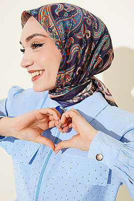 Antik Paisley Desen Eşarp Lacivert Bej - Başörtüsü