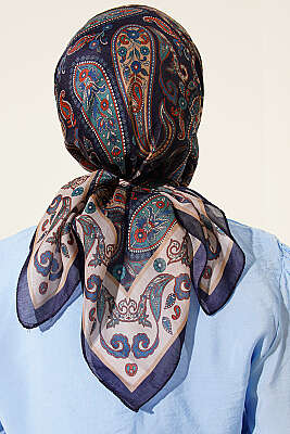 Antik Paisley Desen Eşarp Lacivert Bej - Başörtüsü