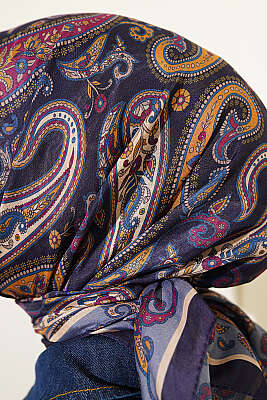 Antik Paisley Desen Eşarp Lacivert Mavi - Başörtüsü