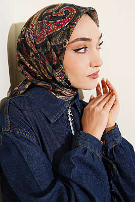 Antik Paisley Desen Eşarp Siyah Bej - Başörtüsü