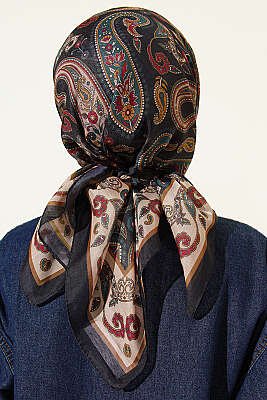 Antik Paisley Desen Eşarp Siyah Bej - Başörtüsü