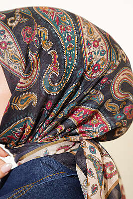 Antik Paisley Desen Eşarp Siyah Bej - Başörtüsü