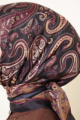 Antik Paisley Desen Eşarp Siyah Bordo - Başörtüsü