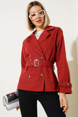 Apoletli Dört Düğmeli Trençkot Alizarin - Kadın Giyim Modelleri