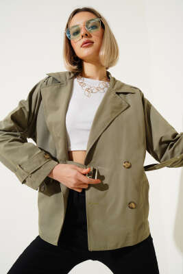 Apoletli Dört Düğmeli Trençkot Haki - Kadın Giyim Modelleri