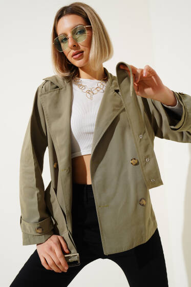 Apoletli Dört Düğmeli Trençkot Haki - Kadın Giyim Modelleri