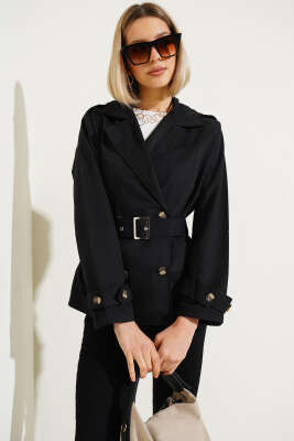 Apoletli Dört Düğmeli Trençkot Siyah - Kadın Giyim Modelleri