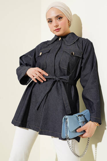 Apoletli Göğüs Cepli Kuşaklı Kot Ceket Füme - Ceket