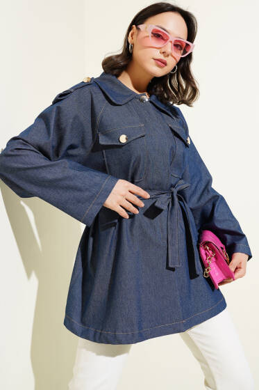 Apoletli Göğüs Cepli Kuşaklı Kot Ceket Koyu Mavi - Ceket