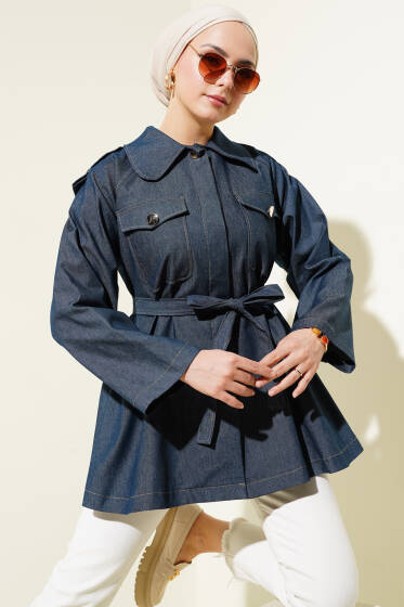 Apoletli Göğüs Cepli Kuşaklı Kot Ceket Yeşil Tint - Ceket