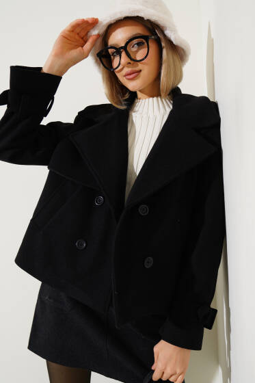 Apoletli Kaşe Kısa Mont Siyah - Yeni Giyim