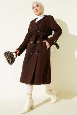 Apoletli Kruvaze Yaka Trençkot Acı Kahve - BERAT TEKSTİL