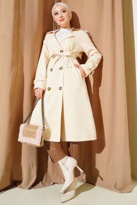 Apoletli Kruvaze Yaka Trençkot Bej - Trençkot