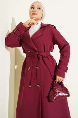 Apoletli Kruvaze Yaka Trençkot Bordo - Trençkot
