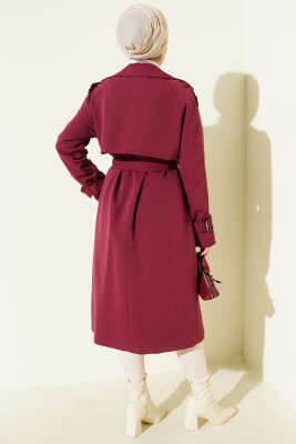 Apoletli Kruvaze Yaka Trençkot Bordo - Trençkot