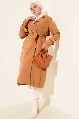 Apoletli Kruvaze Yaka Trençkot Camel - Trençkot