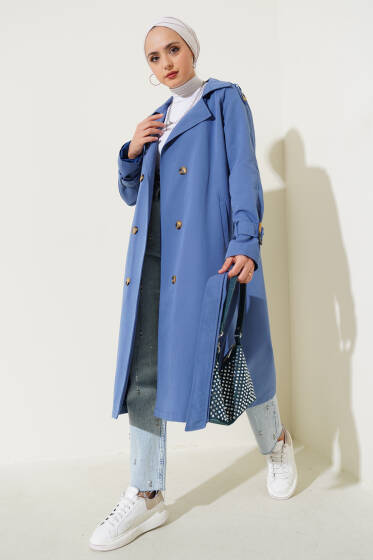 Apoletli Kruvaze Yaka Trençkot İndigo - Trençkot