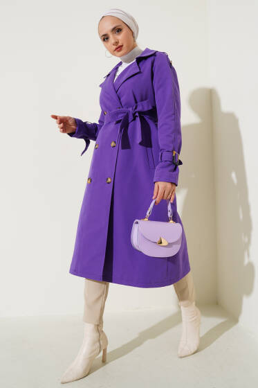 Apoletli Kruvaze Yaka Trençkot Mor - Trençkot