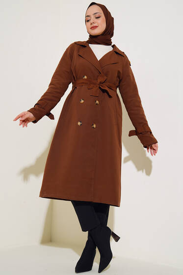 Apoletli Kruvaze Yaka Trençkot Taba - Trençkot