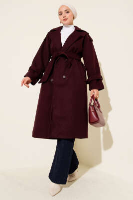 Apoletli Kuşaklı Kaşe Kaban Bordo - Kaban