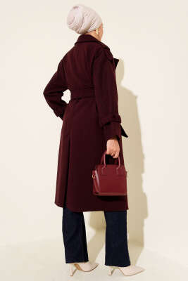 Apoletli Kuşaklı Kaşe Kaban Bordo - Kaban