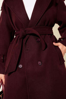 Apoletli Kuşaklı Kaşe Kaban Bordo - Kaban