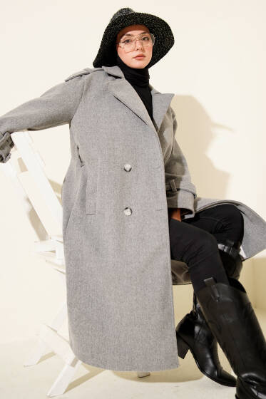 Apoletli Kuşaklı Kaşe Kaban Gri - Kaban