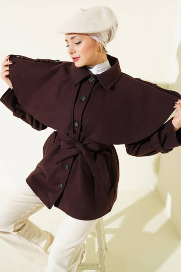 Apoletli Pelerinli Kısa Kaşe Kaban Acı Kahve - Kaban