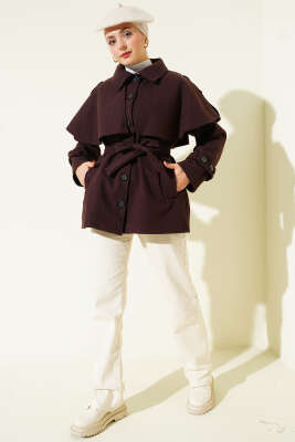 Apoletli Pelerinli Kısa Kaşe Kaban Acı Kahve - Kaban