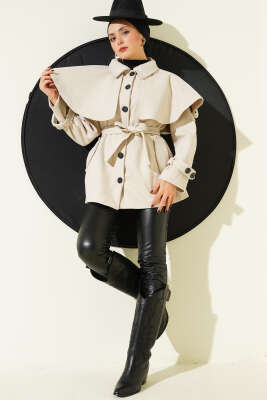 Apoletli Pelerinli Kısa Kaşe Kaban Bej - Kaban