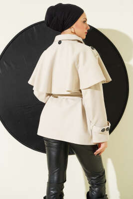 Apoletli Pelerinli Kısa Kaşe Kaban Bej - Kaban