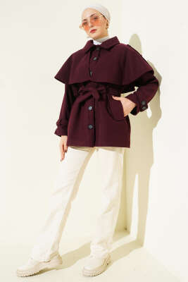 Apoletli Pelerinli Kısa Kaşe Kaban Bordo - Kaban