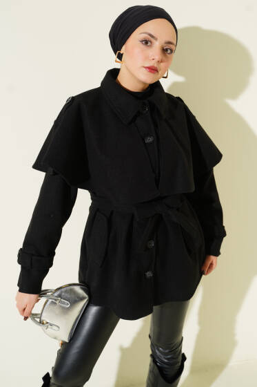 Apoletli Pelerinli Kısa Kaşe Kaban Siyah - Kaban