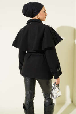 Apoletli Pelerinli Kısa Kaşe Kaban Siyah - Kaban