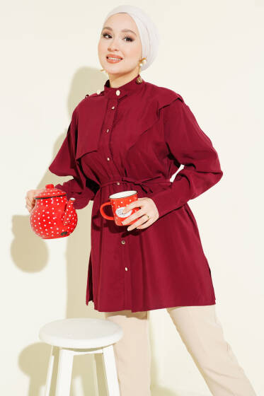 Apoletli Pelerinli Modal Gömlek Bordo - Gömlek