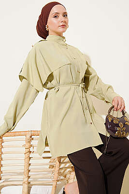 Apoletli Pelerinli Modal Gömlek Çağla Yeşili - Gömlek