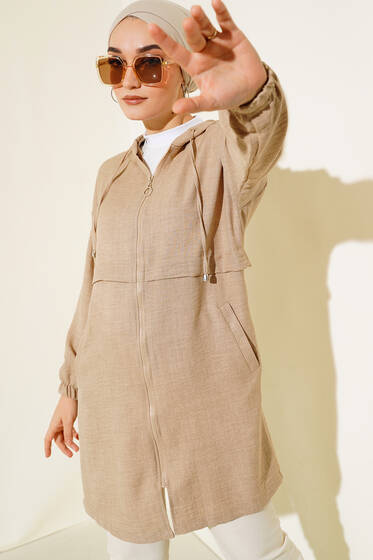 Araboy Kapşonlu Keten Kap Bej - Trençkot
