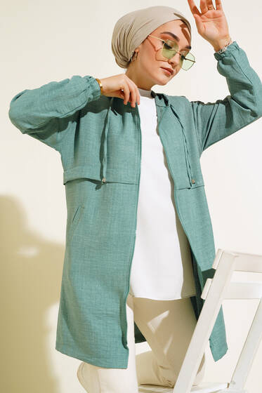 Araboy Kapşonlu Keten Kap Çağla Yeşili - Trençkot