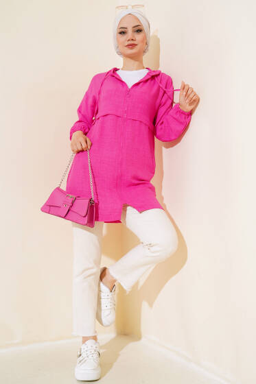 Araboy Kapşonlu Keten Kap Fuşya - Trençkot