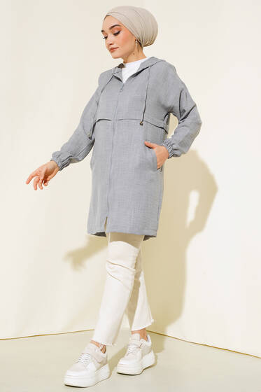 Araboy Kapşonlu Keten Kap Gri - Trençkot