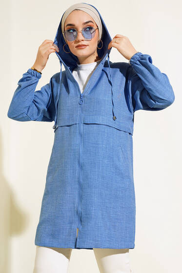 Araboy Kapşonlu Keten Kap Mavi - Trençkot