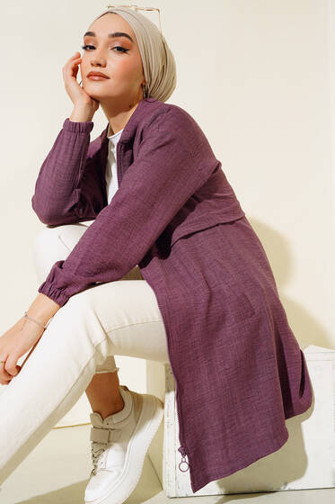 Araboy Kapşonlu Keten Kap Mürdüm - Trençkot