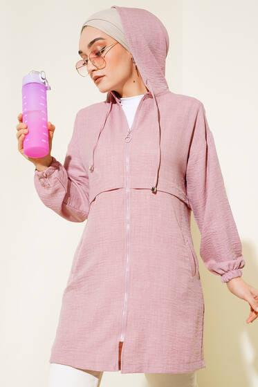 Araboy Kapşonlu Keten Kap Pudra - Trençkot