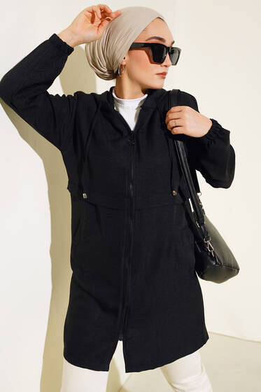 Araboy Kapşonlu Keten Kap Siyah - Trençkot