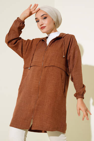 Araboy Kapşonlu Keten Kap Taba - Trençkot